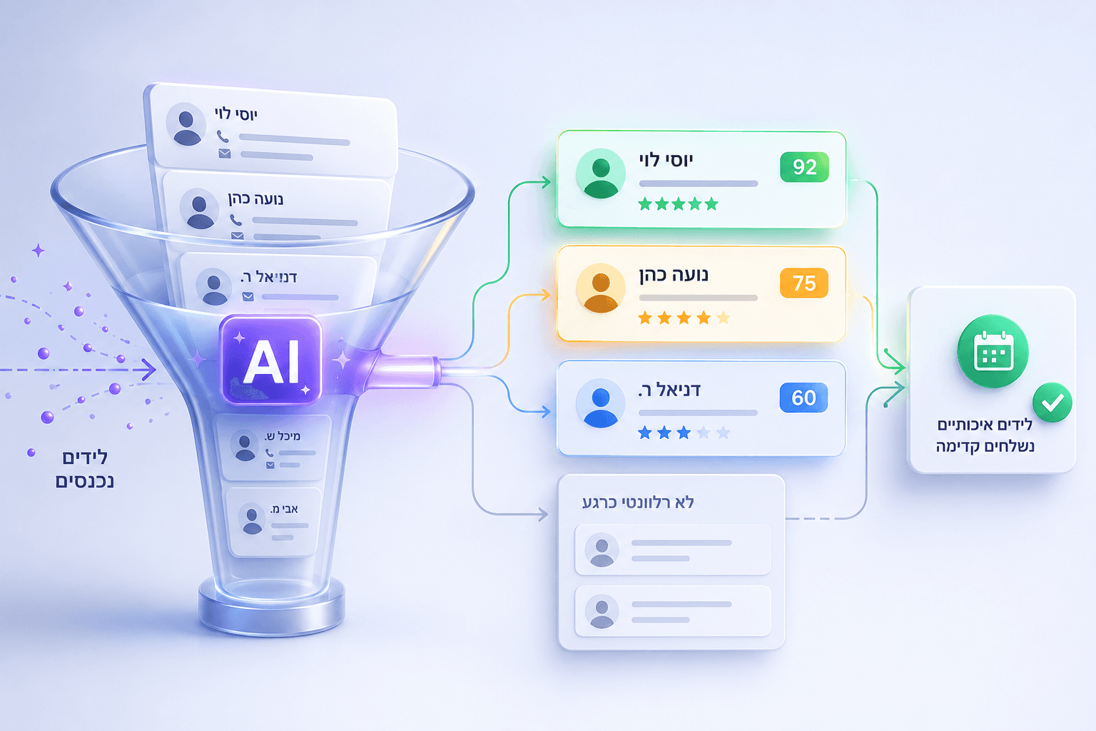 Illustration of incoming leads passing through an AI funnel and emerging scored and prioritized as qualified leads