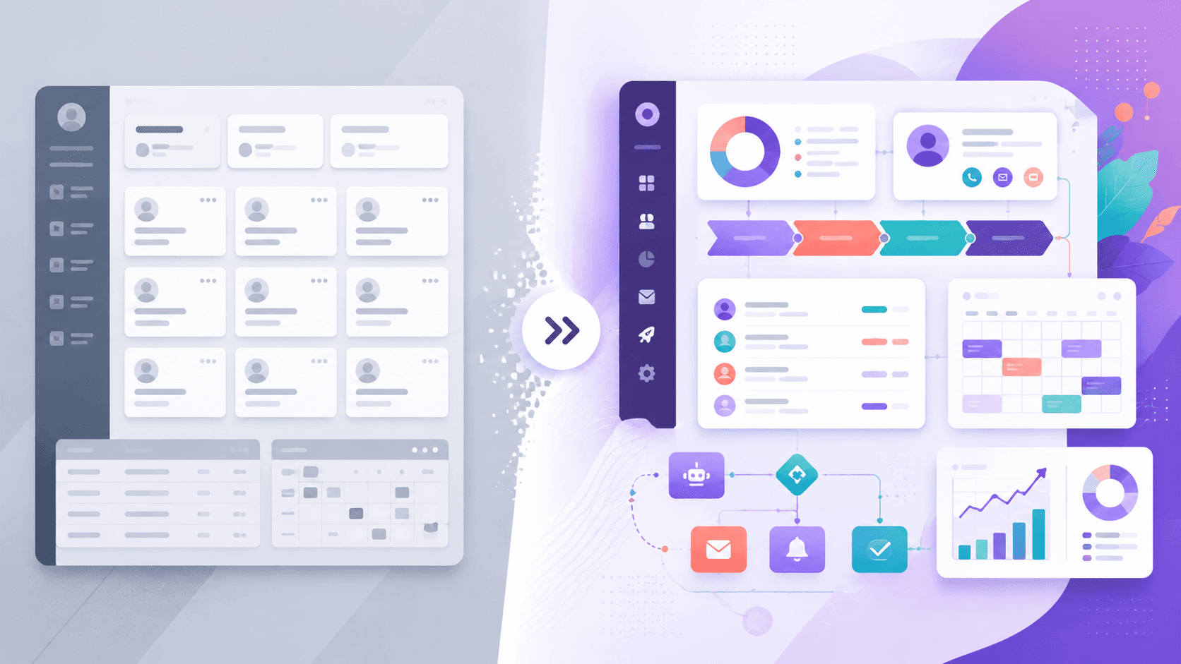 A side-by-side of a plain off-the-shelf CRM dashboard and a tailored custom CRM with charts and an automation flow