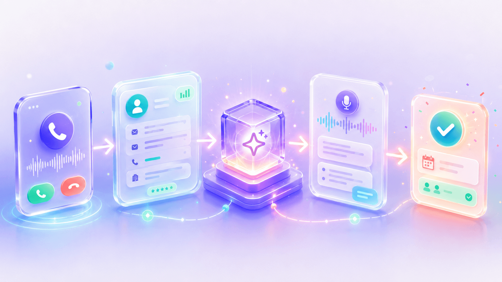 Illustration of a phone call with sound waves flowing through a contact card and an AI core to a confirmed appointment