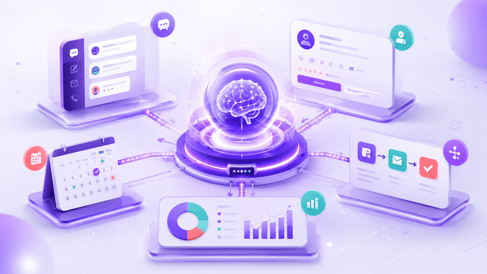 Illustration of a glowing AI core connected to chat windows, a calendar, a CRM card, charts, and integrations